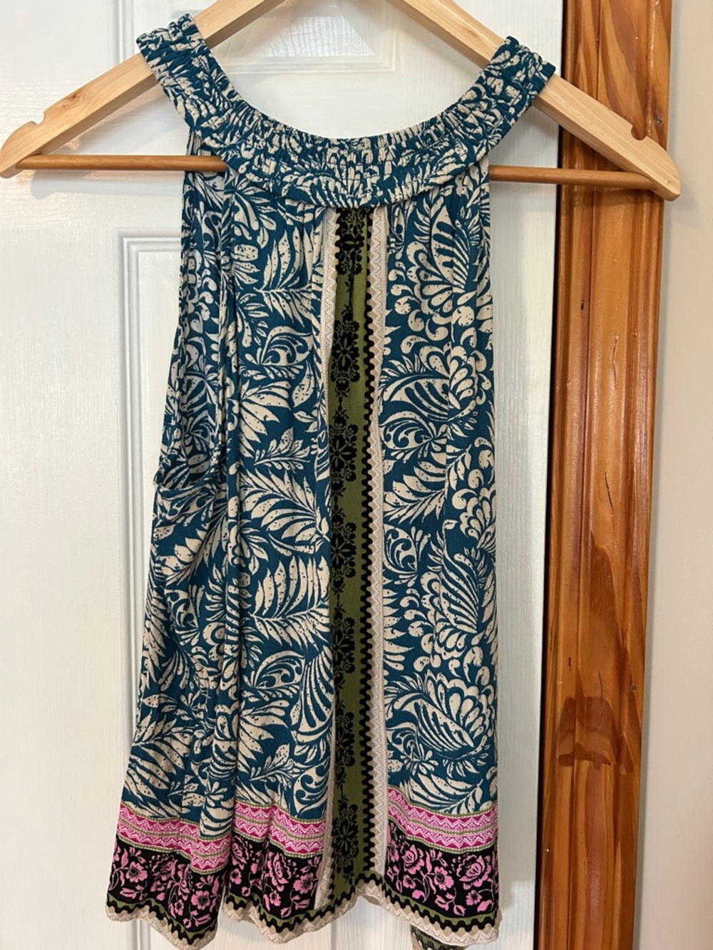 LOFT Teal and Cream Floral Halter Tank with Pink Trim